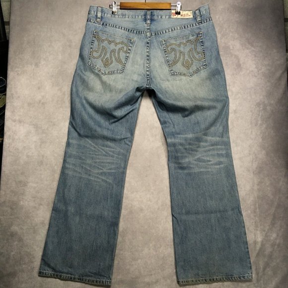 MEK Mens Chicago Boot Cut Blue Jeans size 40x34 Button Fly Cotton Denim Buckle - Picture 3 of 15